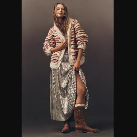 Anthropologie | Metallic Pleated Midi Skirt | Silver, size 12 - Picture 3 of 11